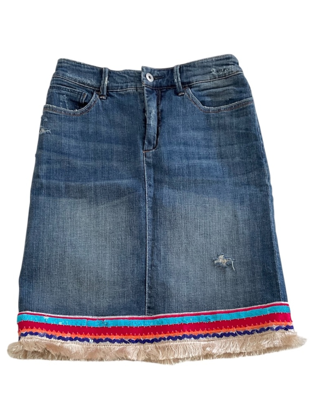 Anthropologie Pilcro Trimmed Denim Skirt Sz 00P Boho Festival Fringe Artisan